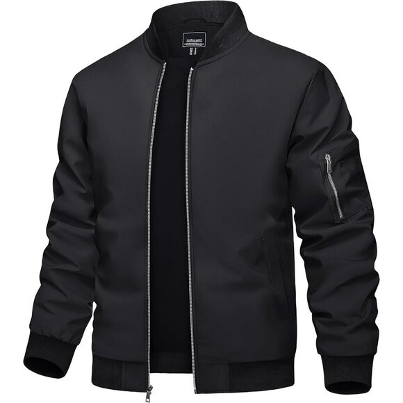 Other - Men's Black Bomber Jacket with Zip-Up Front and Utility Sleeve Pocket